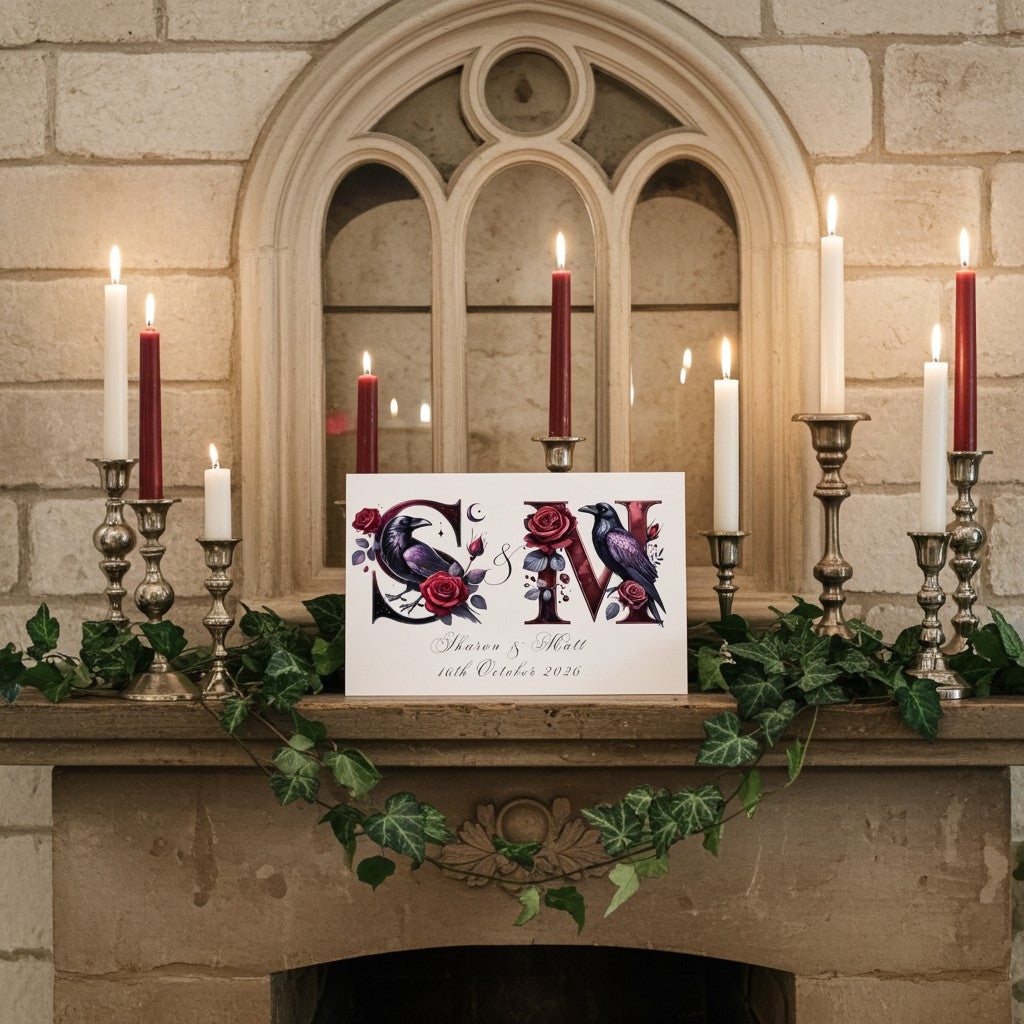 Decorative wedding card with floral and raven design on a stone fireplace with candles and greenery.