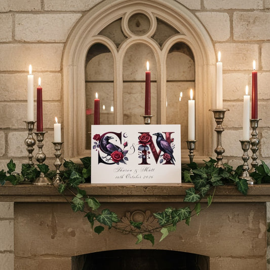 Decorative wedding card with floral and raven design on a stone fireplace with candles and greenery.