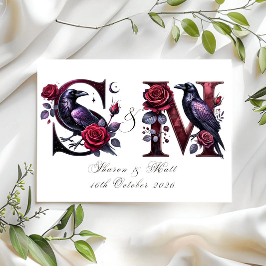 Wedding card with crows and roses on a white fabric background