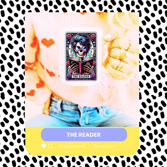 A colourful coffee mug with a double-sided print, featuring text and a playful design, presented in front of a dotted background.