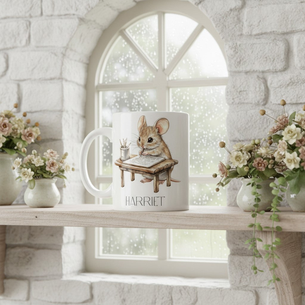 Mug with a mouse design and 'Harriet' text on a windowsill with flowers.