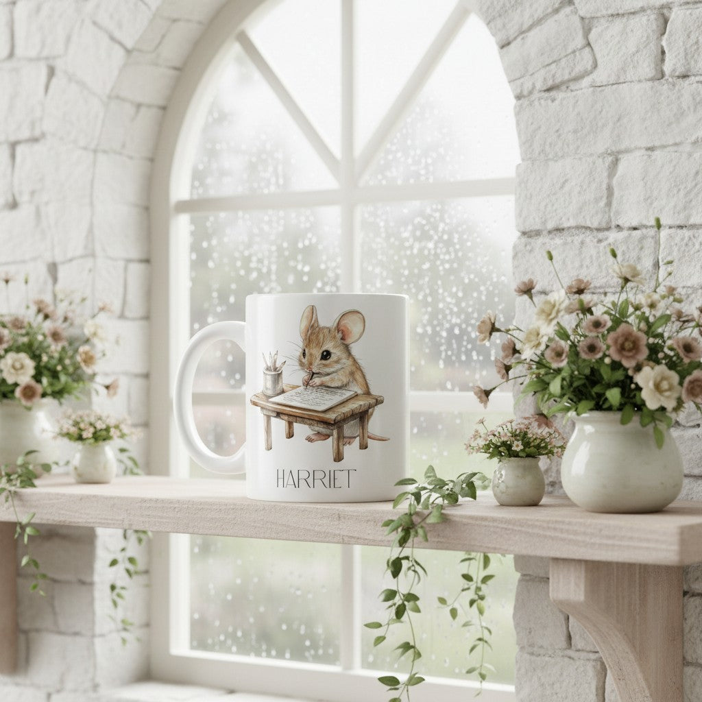 Mug with a mouse illustration on a windowsill with flowers