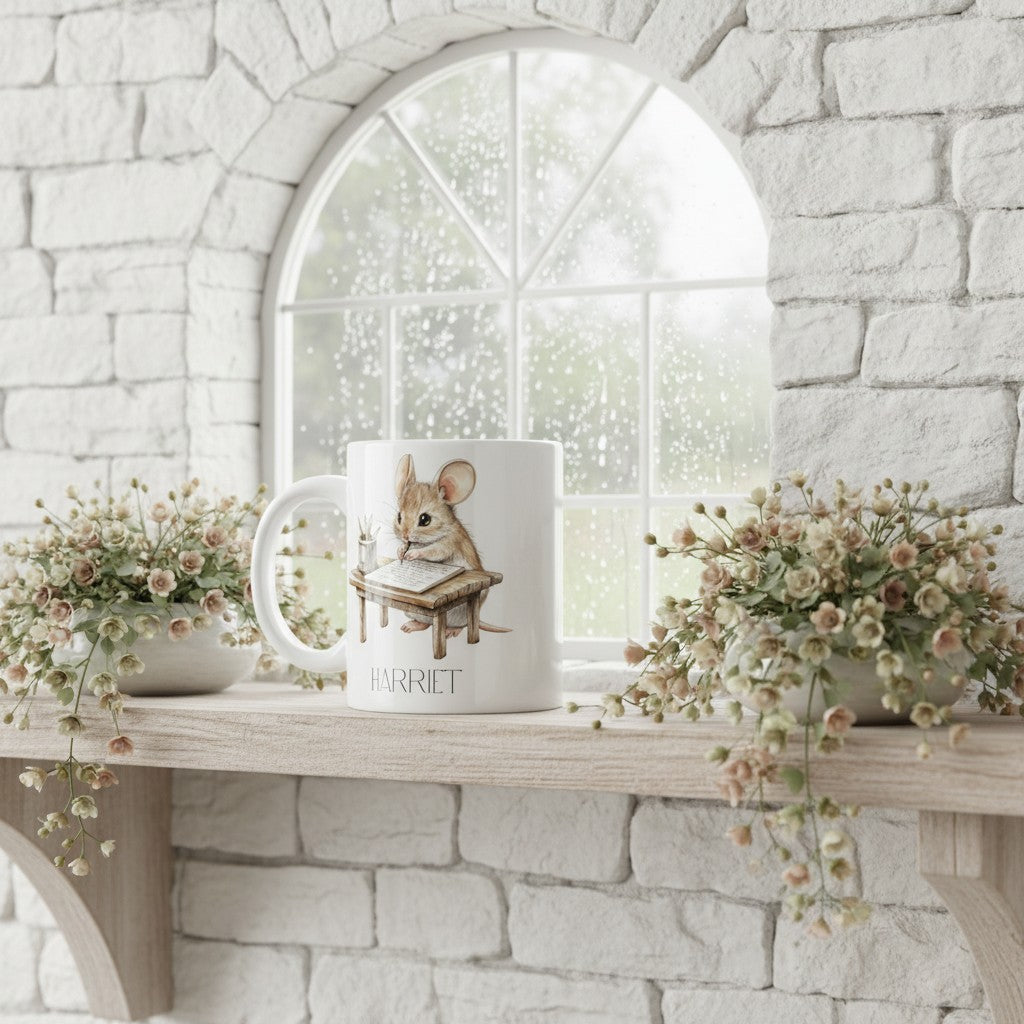 White mug with a mouse design on a wooden shelf against a stone wall with a window.