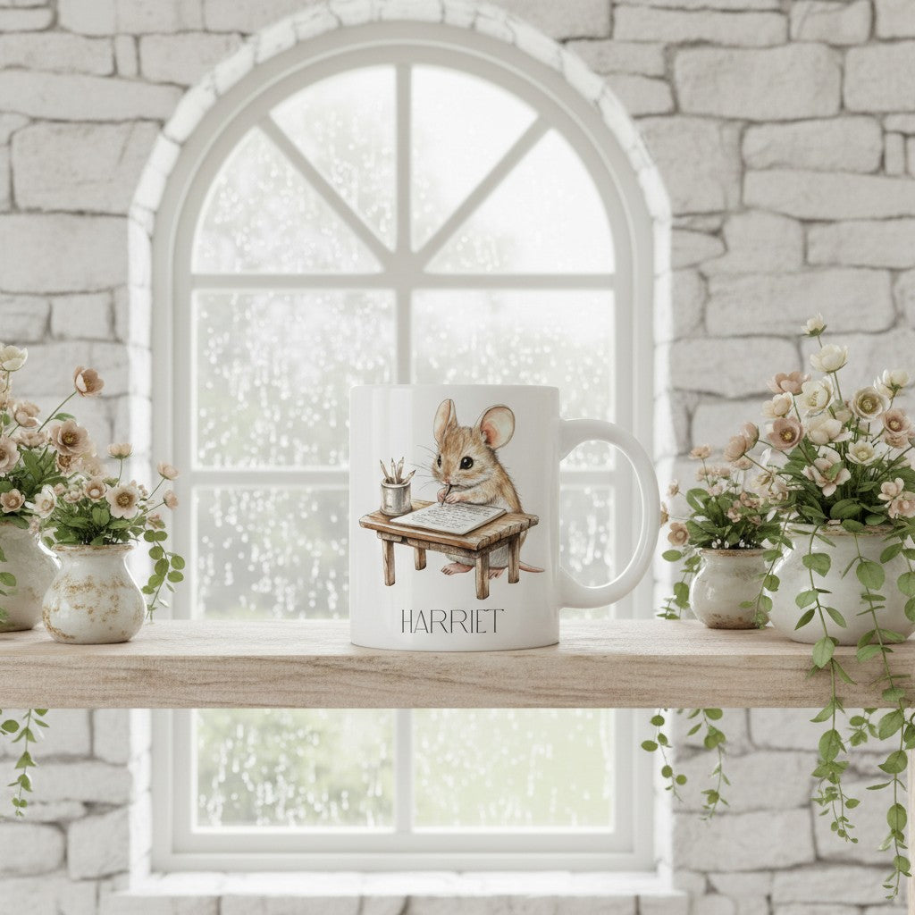 Mug with a mouse design on a shelf with flowers and a window in the background