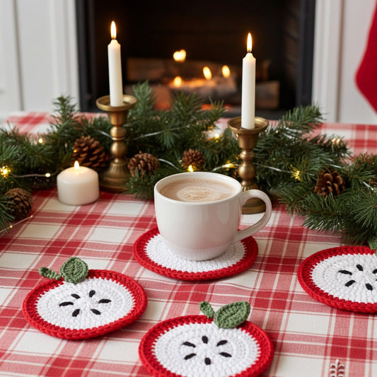 Three crocheted apple-shaped coasters in red and white with green leaves and black seeds, arranged on a red-and-white plaid tablecloth around a white mug on a white coaster. The scene is decorated with pine branches, candles, and a warm fireplace in the background.