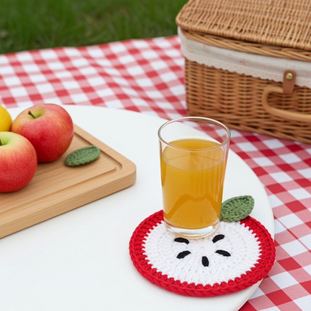 A crocheted apple-themed coaster in red, white, and green sits on a white table, holding a glass of orange juice. The scene is styled as a picnic with a red and white checkered blanket, a wicker picnic basket, apples on a wooden board, and grass in the background.