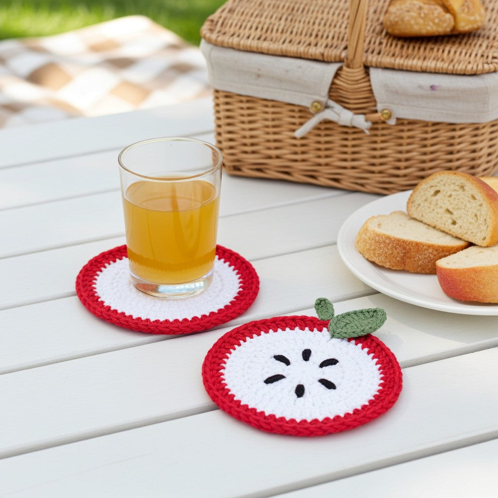 Two crocheted apple-shaped coasters on a white picnic table, with one coaster holding a glass of orange juice and the other empty. A wicker picnic basket, bread, and a checkered blanket are blurred in the background.