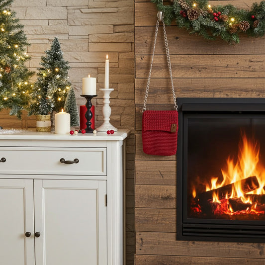 Red knitted bag hanging above a fireplace with Christmas decorations.