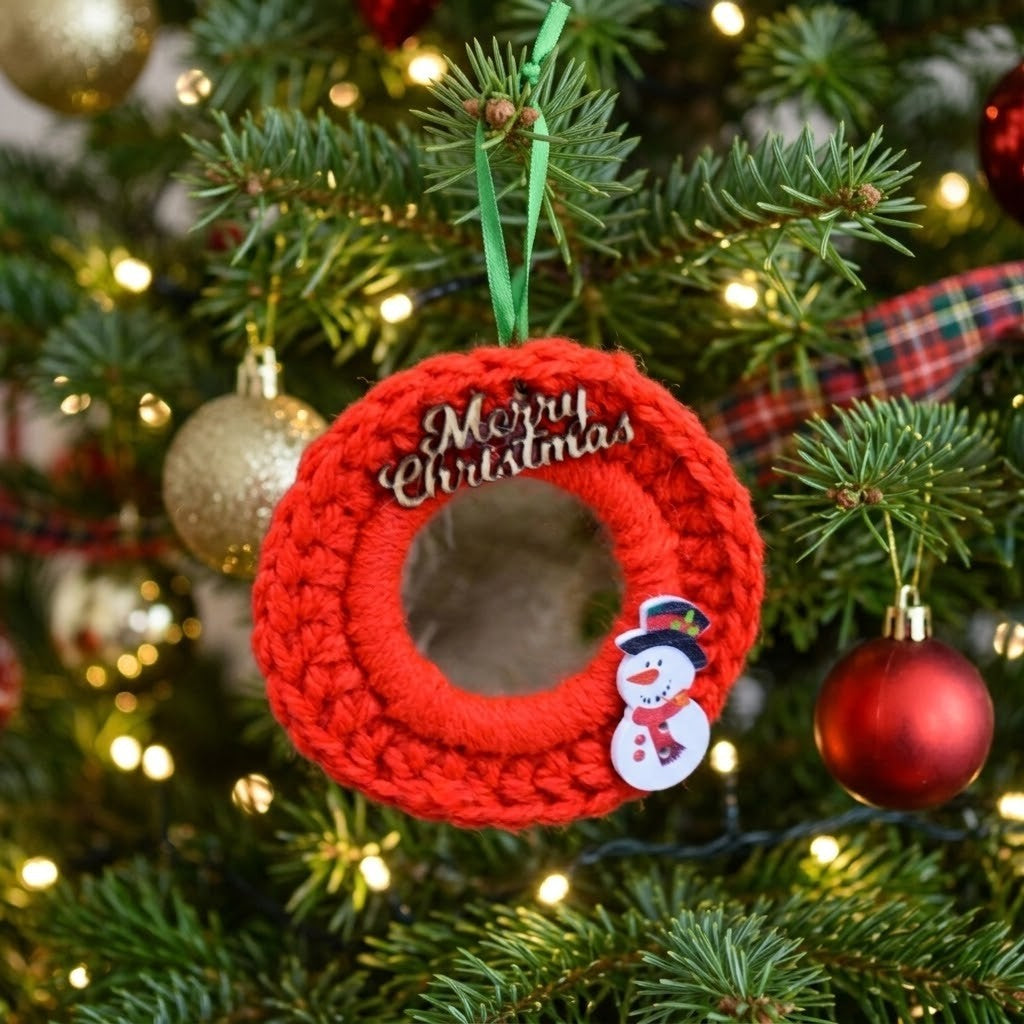 A red crocheted Christmas wreath ornament hanging on a lit Christmas tree. The wreath has 'Merry Christmas' written in white script and a small snowman decoration on the front.