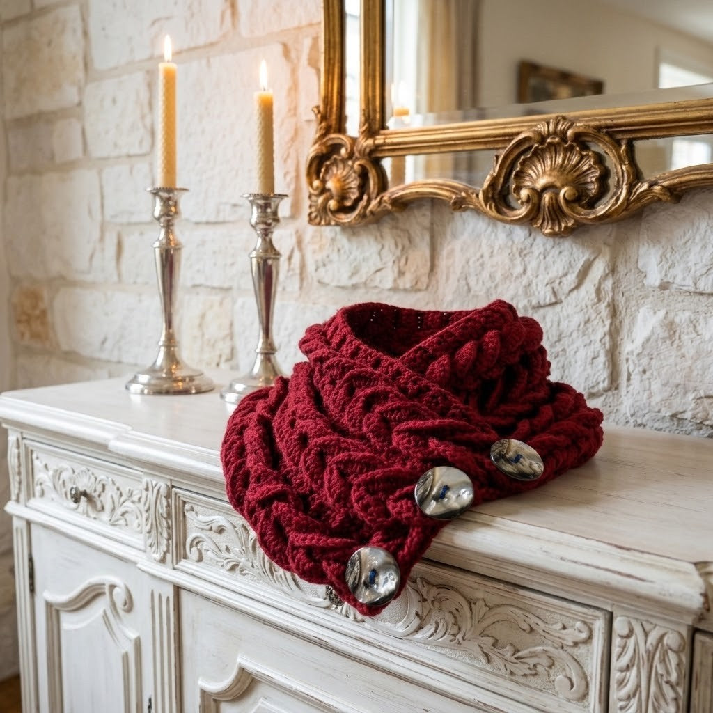 A chunky cable-knit burgundy cowl scarf with three silver-tone decorative buttons, draped over an ornate white wooden console table in a styled interior setting with candles and a mirror.