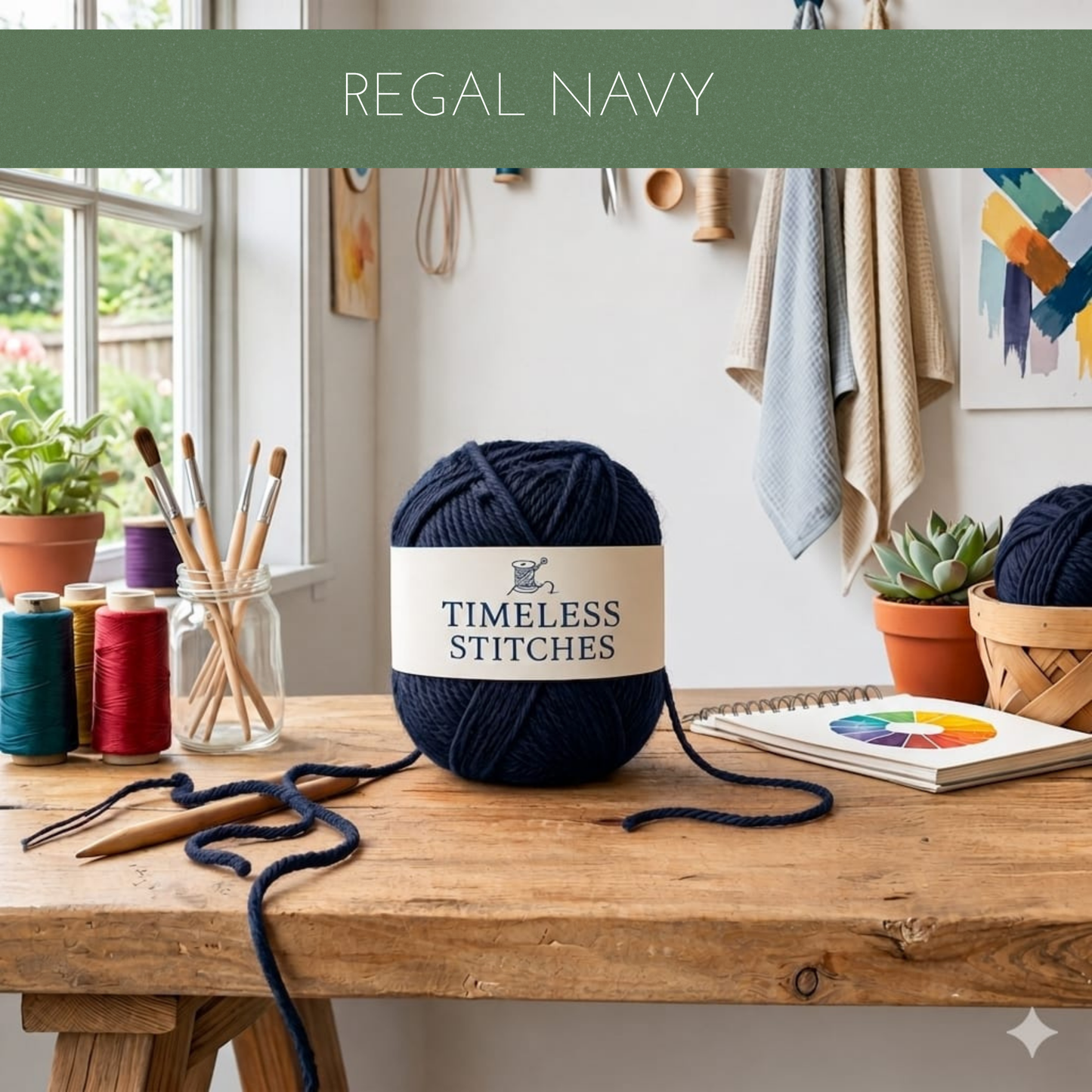 A ball of navy yarn sits on a wooden table in a cosy craft room setting, with knitting needles, crochet hooks, yarn spools, and a notebook nearby. A green banner at the top reads 'REGAL NAVY' and the yarn label shows the brand 'TIMELESS STITCHES'.