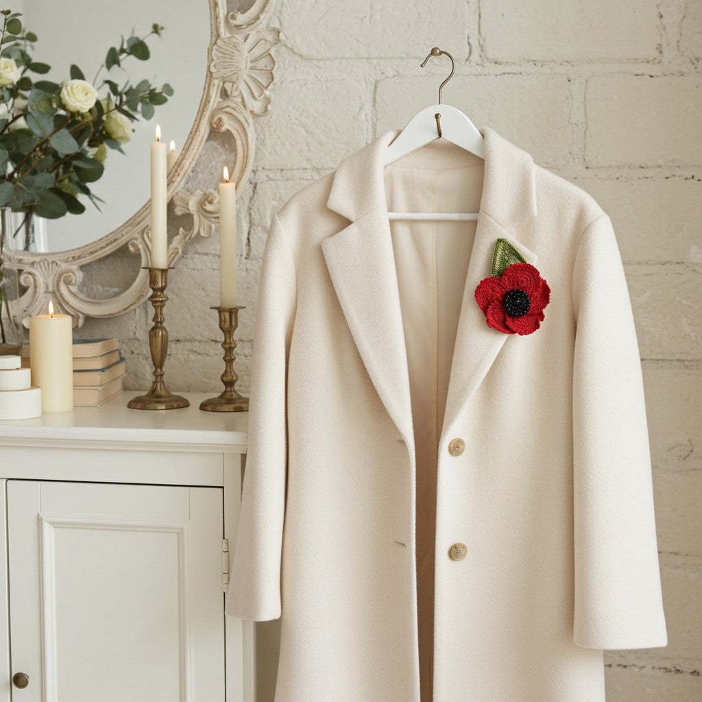 White coat with a red poppy flower brooch on a hanger against a light brick wall.