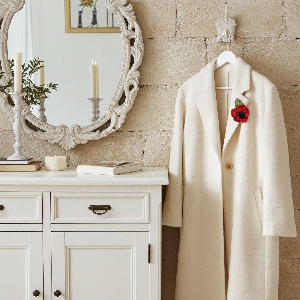 White coat with a poppy pinned to it hanging on a hook next to a decorative mirror.