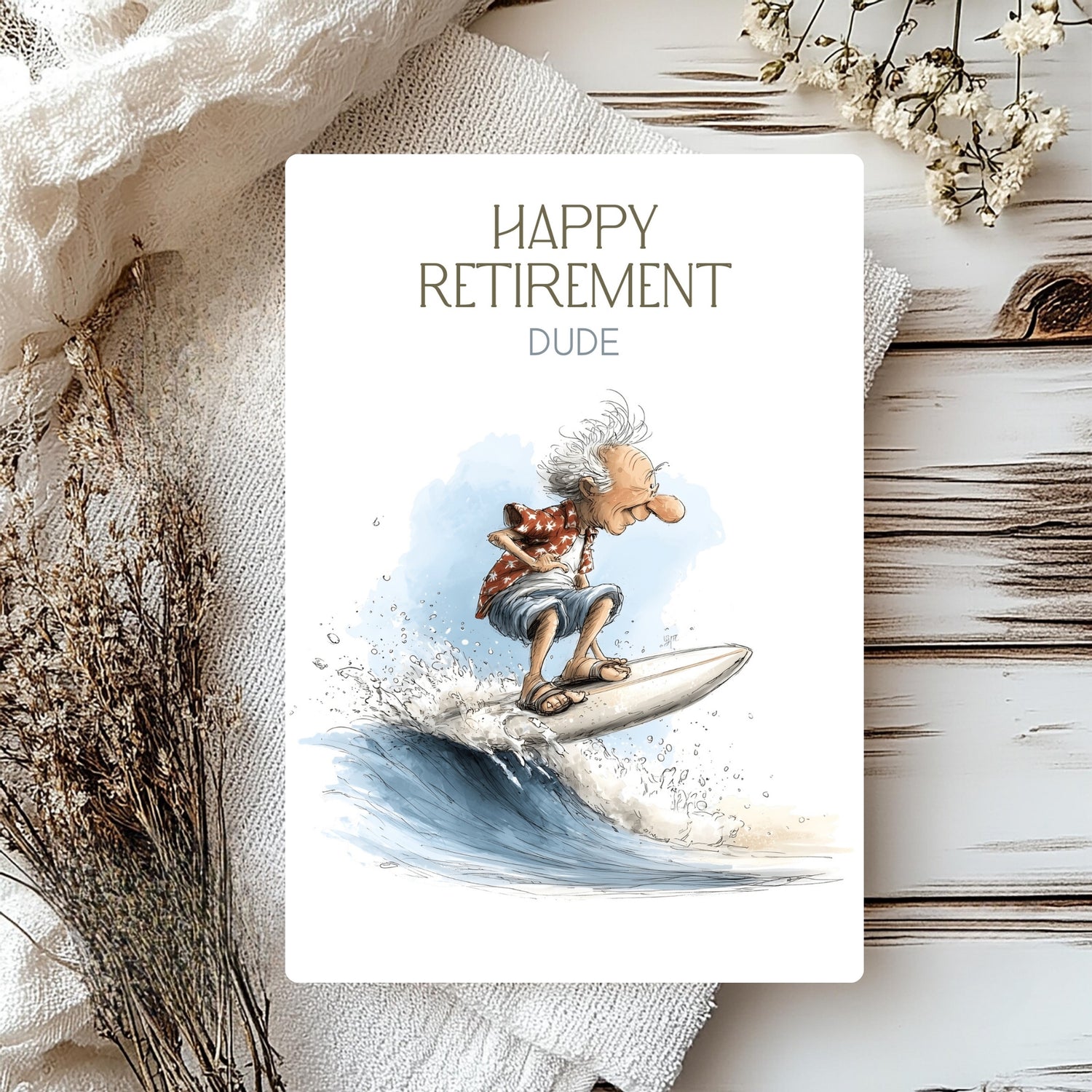 Happy Retirement card with a person surfing on a wave, surrounded by decorative elements.