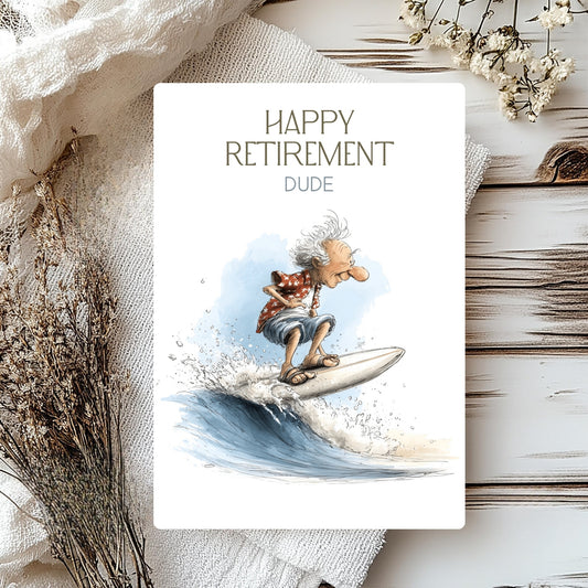 Happy Retirement card with a person surfing on a wave, surrounded by decorative elements.