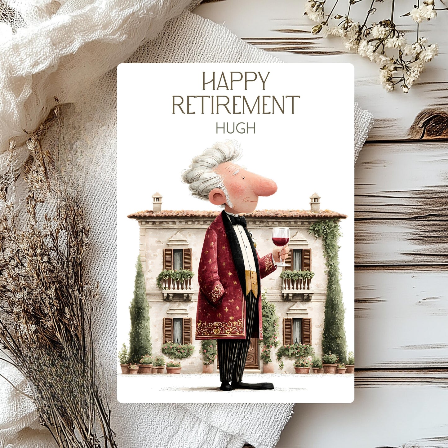 Greeting card with a cartoon character in formal attire standing in front of a building, with 'Happy Retirement Hugh' text.