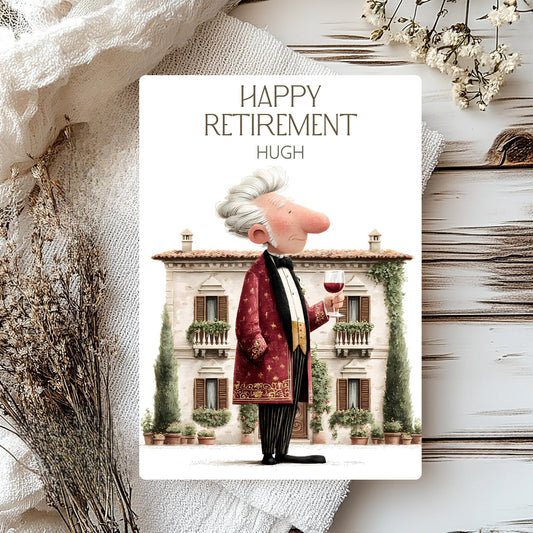 Greeting card with a cartoon character in formal attire standing in front of a building, with 'Happy Retirement Hugh' text.