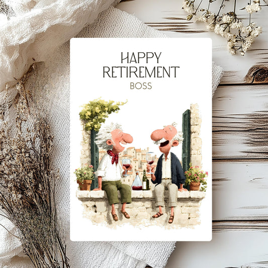 Greeting card with two cartoon characters sitting on a wall, holding drinks, and text 'Happy Retirement Boss' on a decorative background.