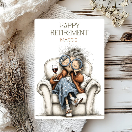 Happy Retirement card with illustration of a person sitting in an armchair, holding a glass of wine, surrounded by decorative elements.