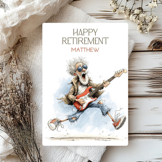 Happy Retirement card with a guitar-playing illustration on a textured surface with flowers.