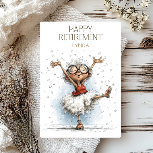 Happy Retirement card with cartoon character on a wooden surface with flowers