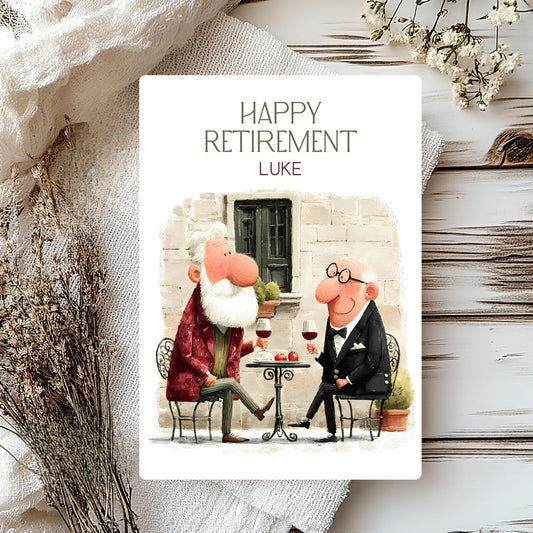 Happy Retirement card with cartoon characters sitting at a table, surrounded by decorative elements.