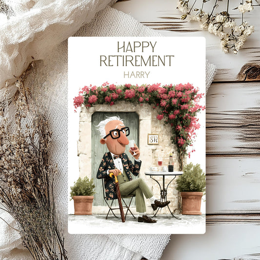 Retirement card with cartoon character sitting outdoors, surrounded by flowers and plants.