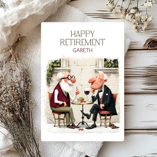 Happy Retirement card with cartoon characters on a decorative background