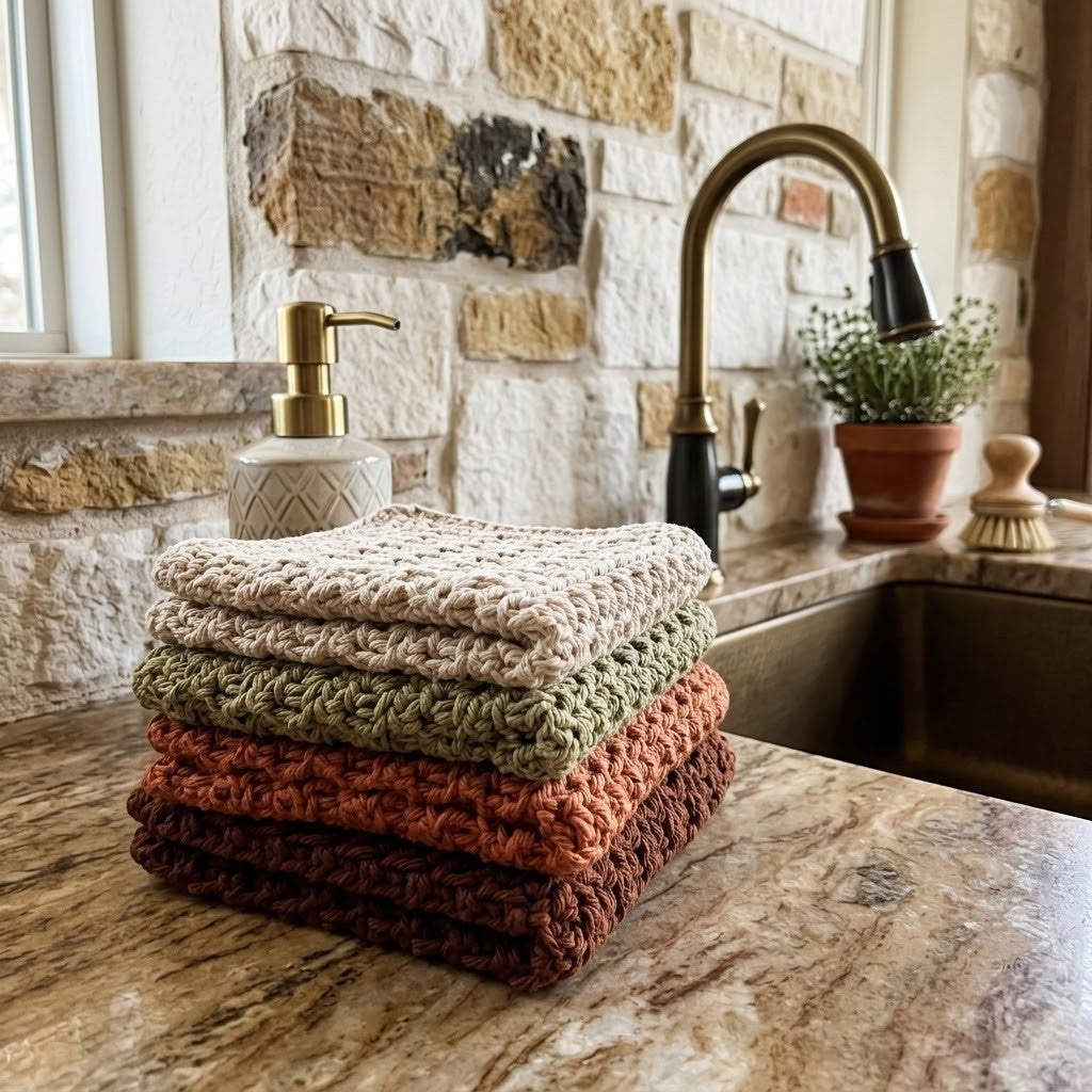 A stack of four textured crocheted dishcloths in beige, sage green, terracotta, and dark brown sits on a granite kitchen counter in front of a sink with a brass faucet.