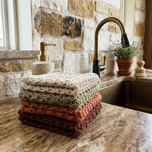 A stack of four textured crocheted dishcloths in beige, sage green, terracotta, and dark brown sits on a granite kitchen counter in front of a sink with a brass faucet.