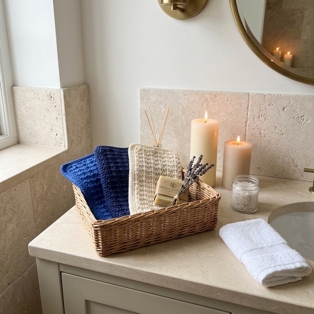A wicker basket filled with bath accessories sits on a beige stone countertop in a bathroom setting. The basket contains folded towels or washcloths in blue and cream, a reed diffuser, a small soap bar, and dried lavender stems.