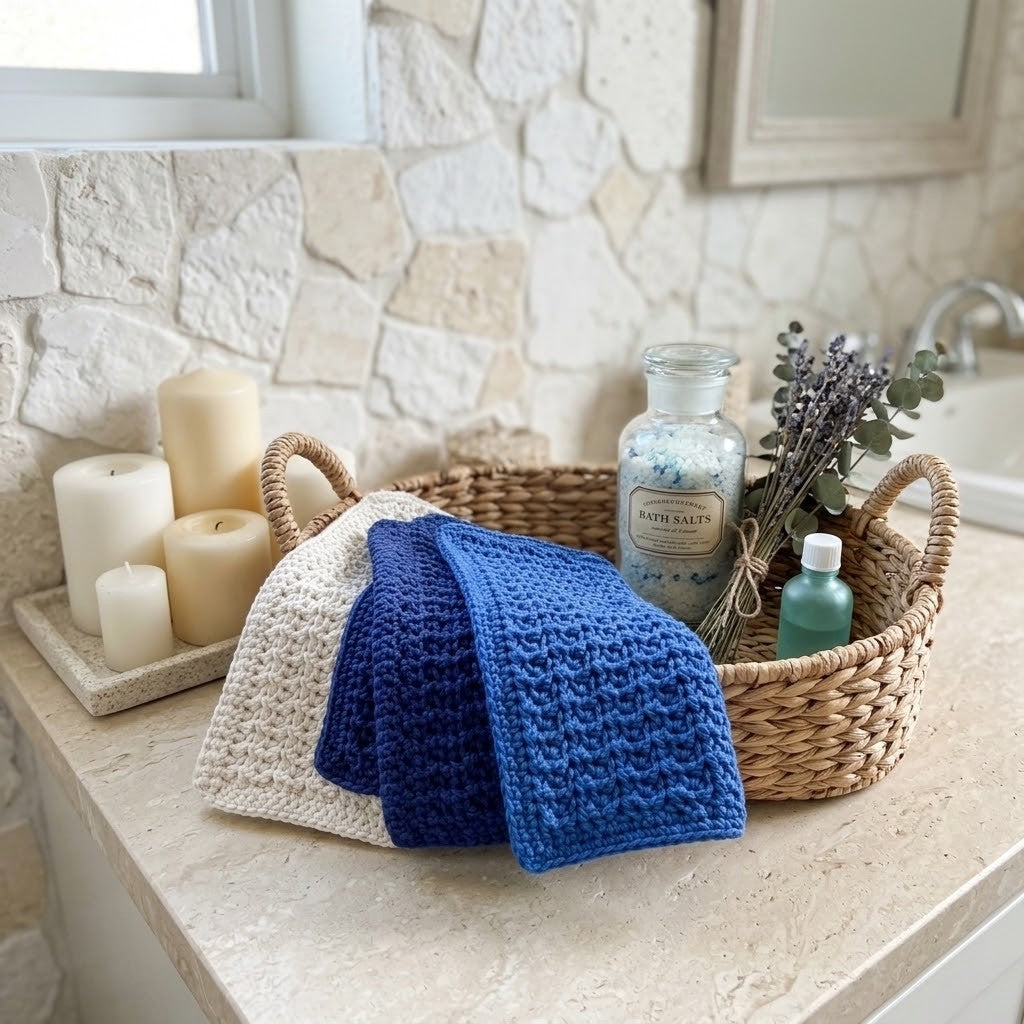 Two textured crochet dishcloths, one cream and one royal blue, draped over a woven basket on a stone countertop in a bathroom setting.
