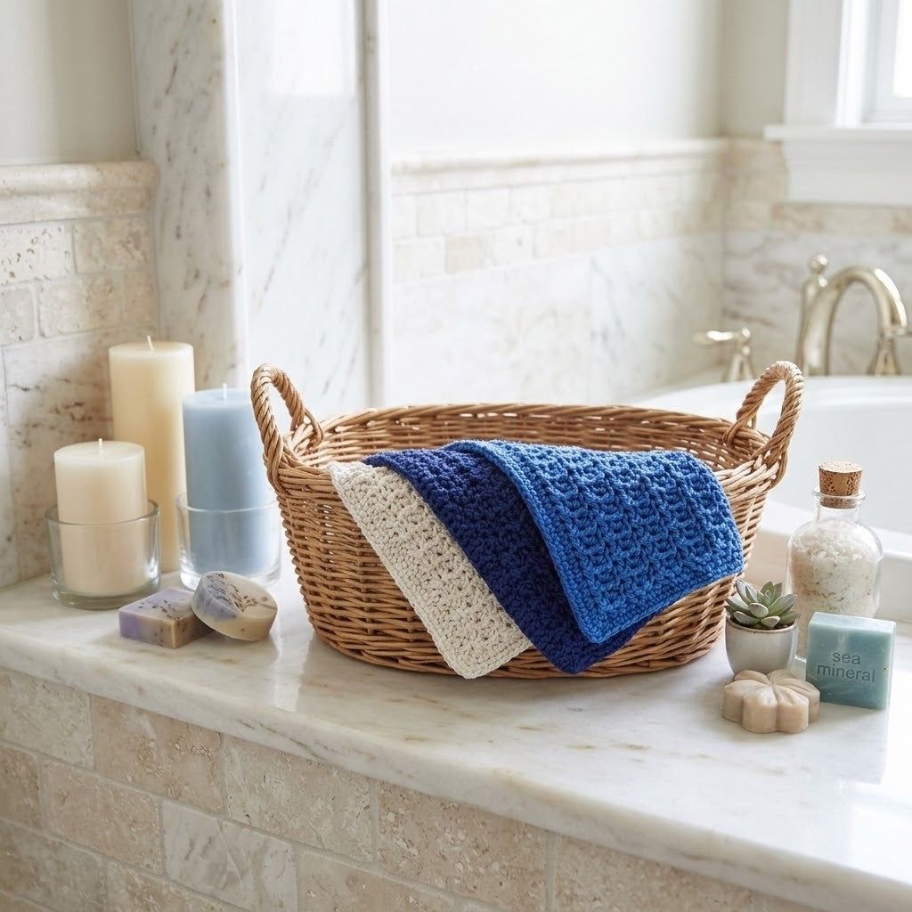 Two crocheted baby washcloths in blue and cream are draped over a wicker basket on a marble bathroom counter, surrounded by candles, soap bars, and a small succulent.