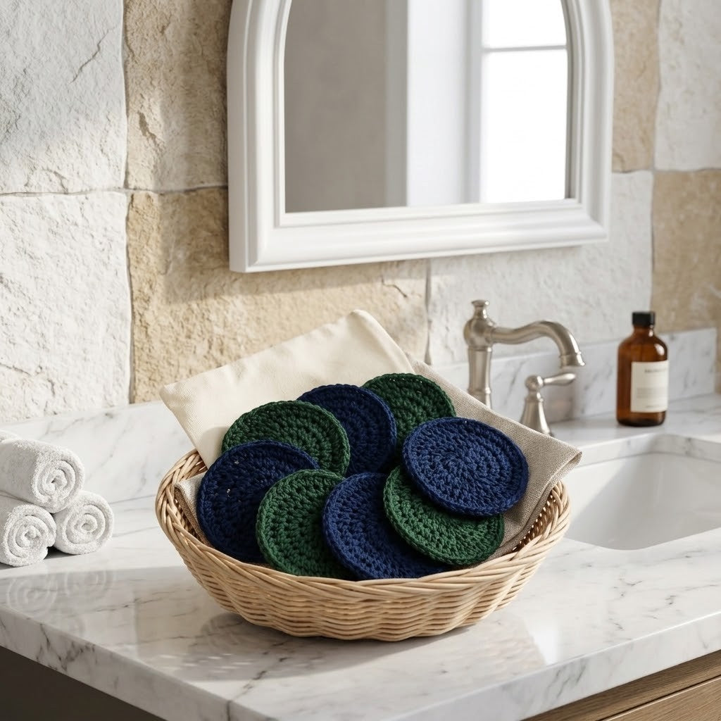 A woven basket lined with cream fabric holds several round crocheted face scrubbies in navy and green, placed on a marble bathroom counter beside a sink, mirror, towels, and a small bottle.