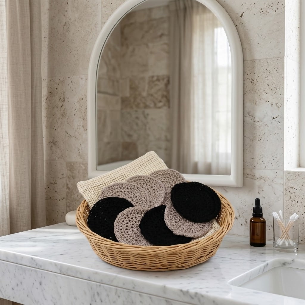 A wicker basket filled with round crochet scrubbies in black and beige, placed on a marble bathroom counter beneath a large arched mirror.