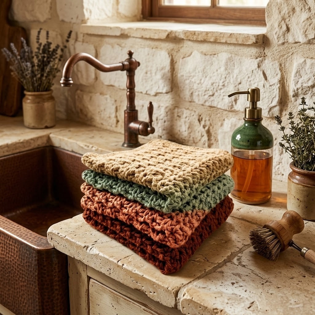 A stack of four crocheted dishcloths in beige, sage green, terracotta, and rust red sits on a rustic stone kitchen counter next to a copper sink, vintage faucet, soap dispenser, and a wooden scrubber.