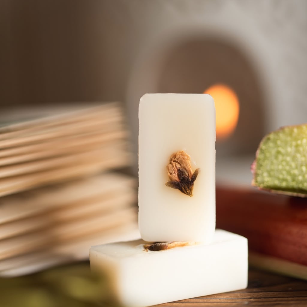 Wax melts with a small object inside, placed on a wooden surface with a blurred background.