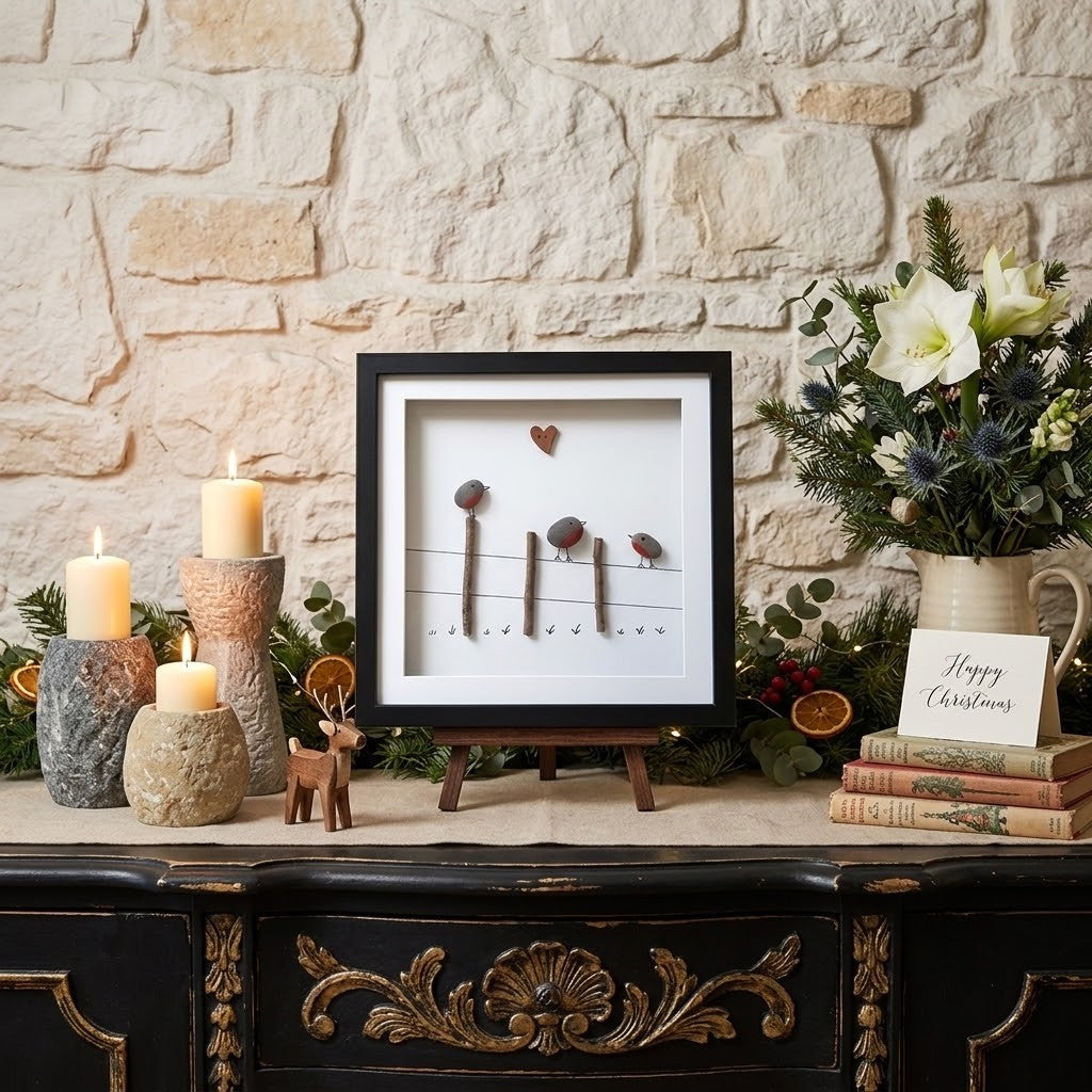 A framed shadow-box art piece displaying a trio of robins on wires, styled on a wooden stand on a console table against a stone wall, surrounded by candles, flowers, and books.