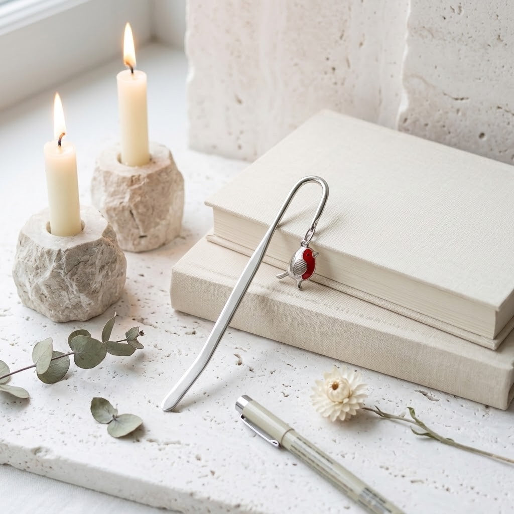 A silver metal bookmark with a small red robin charm rests on stacked cream-colored books on a light stone surface. Two lit candles in textured holders, a pen, and small dried flowers are arranged nearby in a softly styled setting.