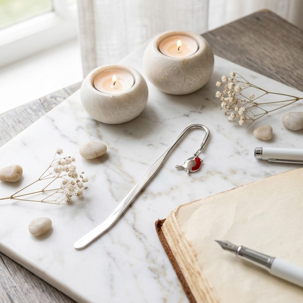 A styled flat-lay featuring two small round white ceramic candle holders with lit tea lights on a white marble tray, alongside a silver metal bookmark with a red robin, a notebook, pens, and dried baby's breath flowers.