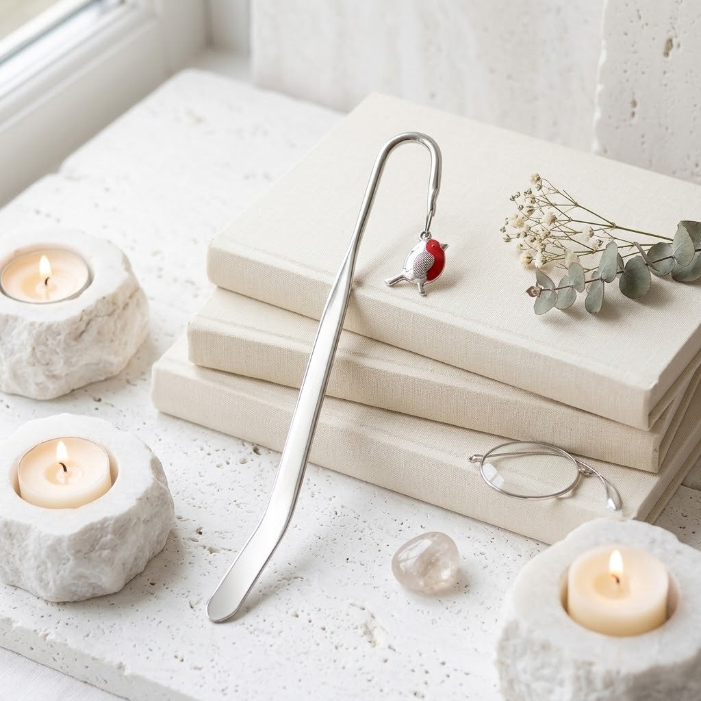 A silver metal bookmark with a small robin charm rests on a stack of cream-coloured books on a light stone surface, styled with candles, dried flowers, and eyeglasses.