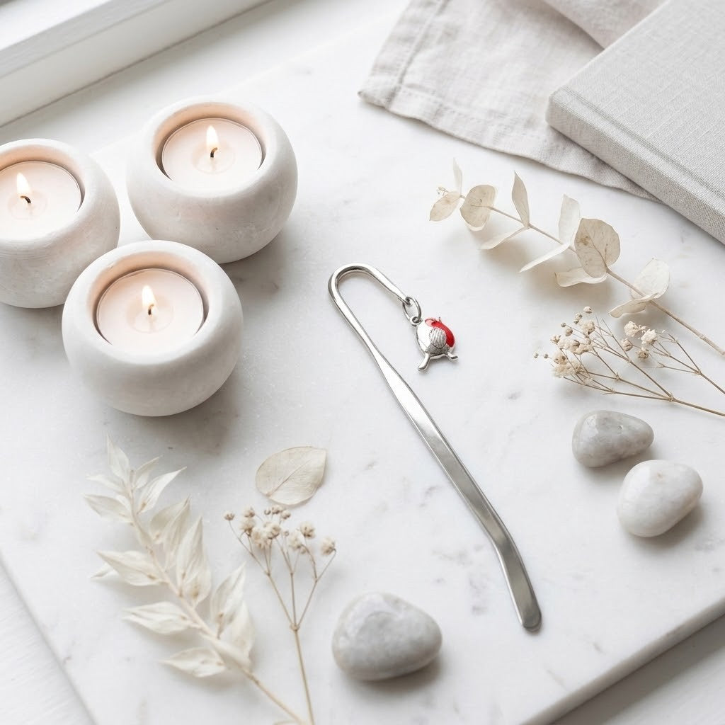 A silver metal bookmark with a small red robin charm lies on a white marble tray, styled with three lit white candle holders, dried flowers, smooth stones, and folded linen fabric.