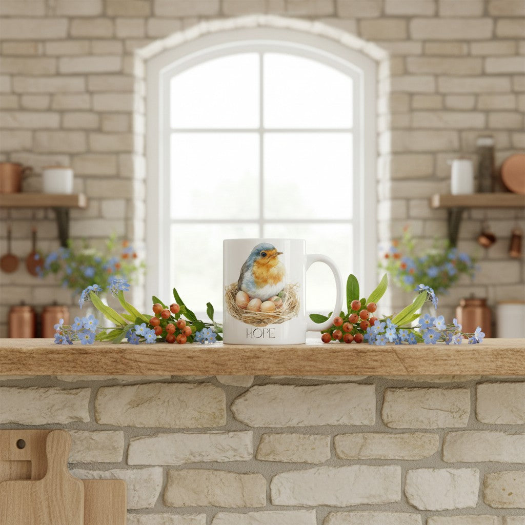 Ceramic mug with a robin design on a kitchen counter with flowers and a window in the background.