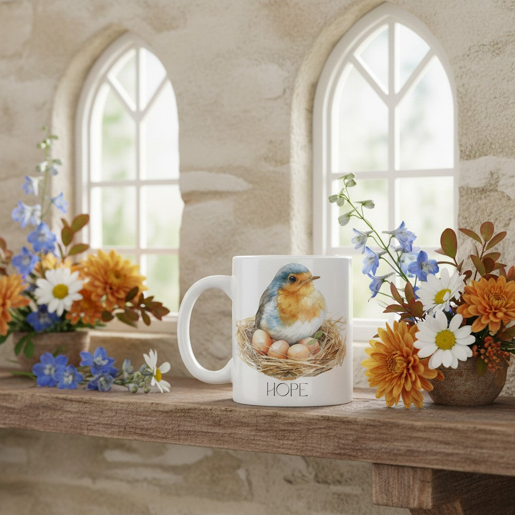 Mug with robin design and 'Hope' text on a wooden shelf with flowers, in a church-like setting.