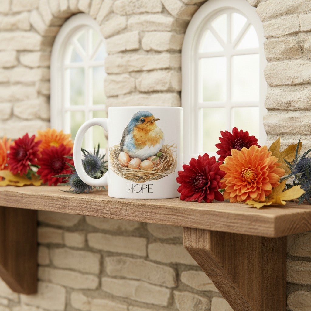 Mug with robin bird design on a wooden shelf against a stone wall background