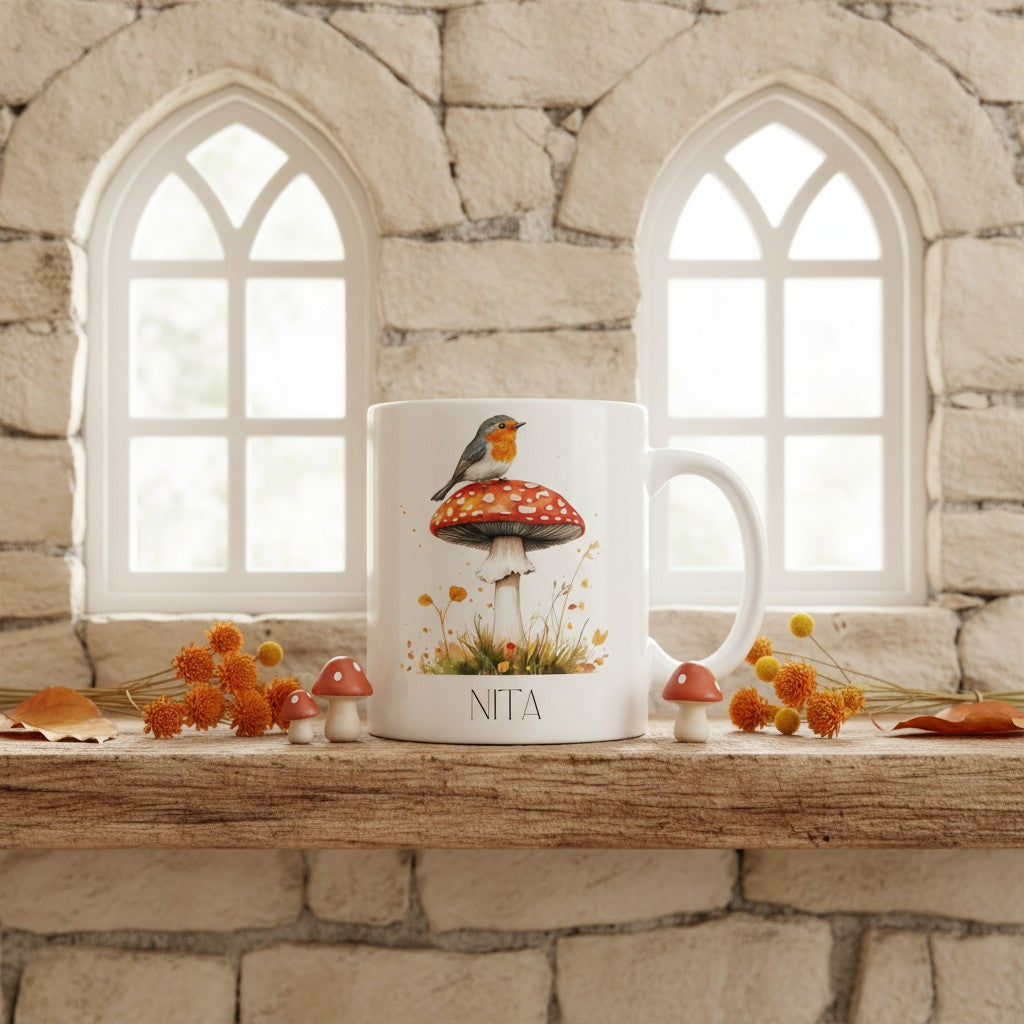 White mug with a design of a robin on a mushroom, placed on a wooden surface with decorative elements.