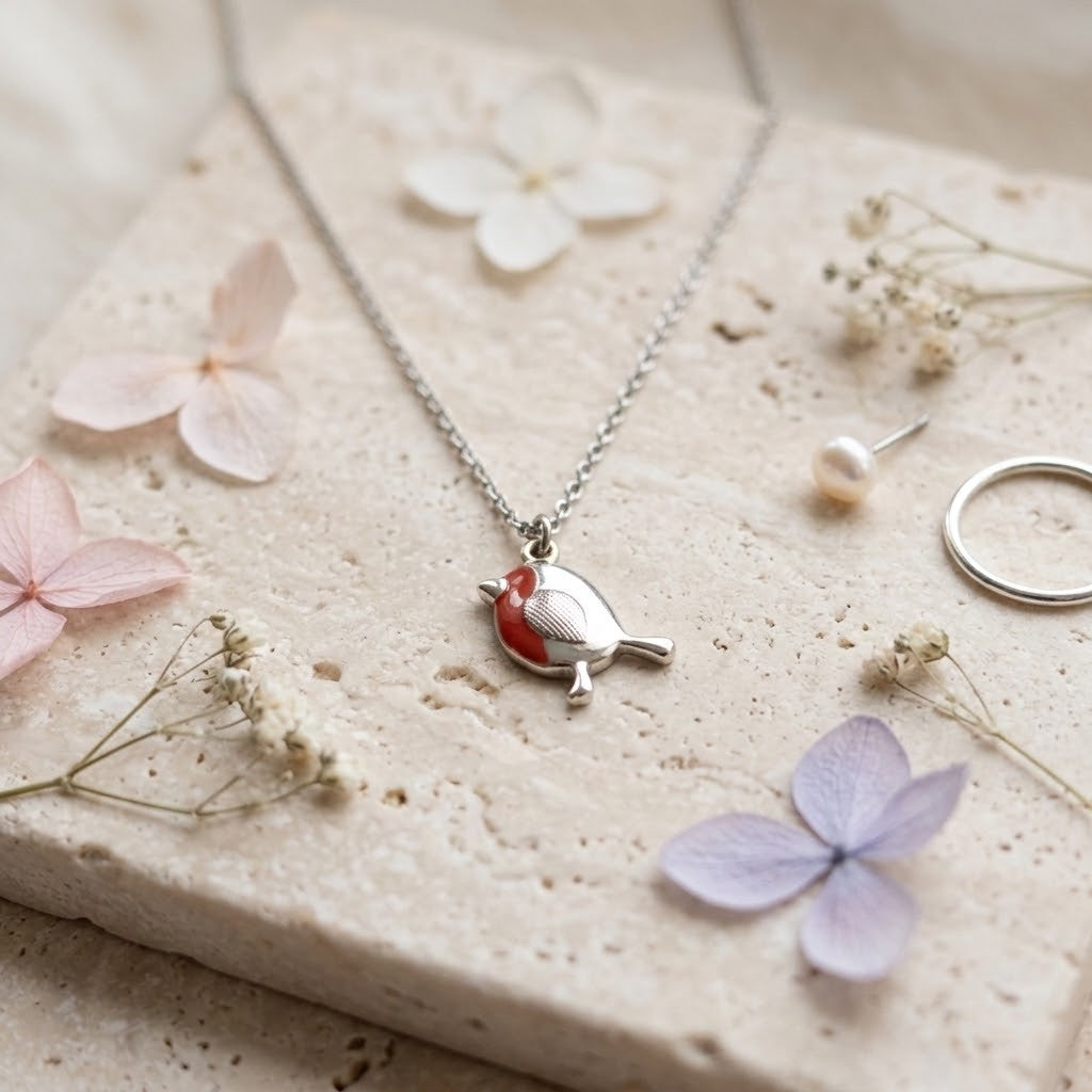 A silver robin pendant necklace with a red chest and white eye detail, displayed on a textured beige stone slab with dried flowers and a pearl earring.