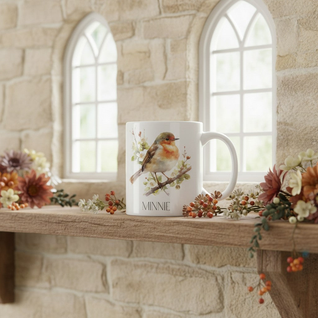 Mug with a robin design on a wooden shelf against a stone wall with windows