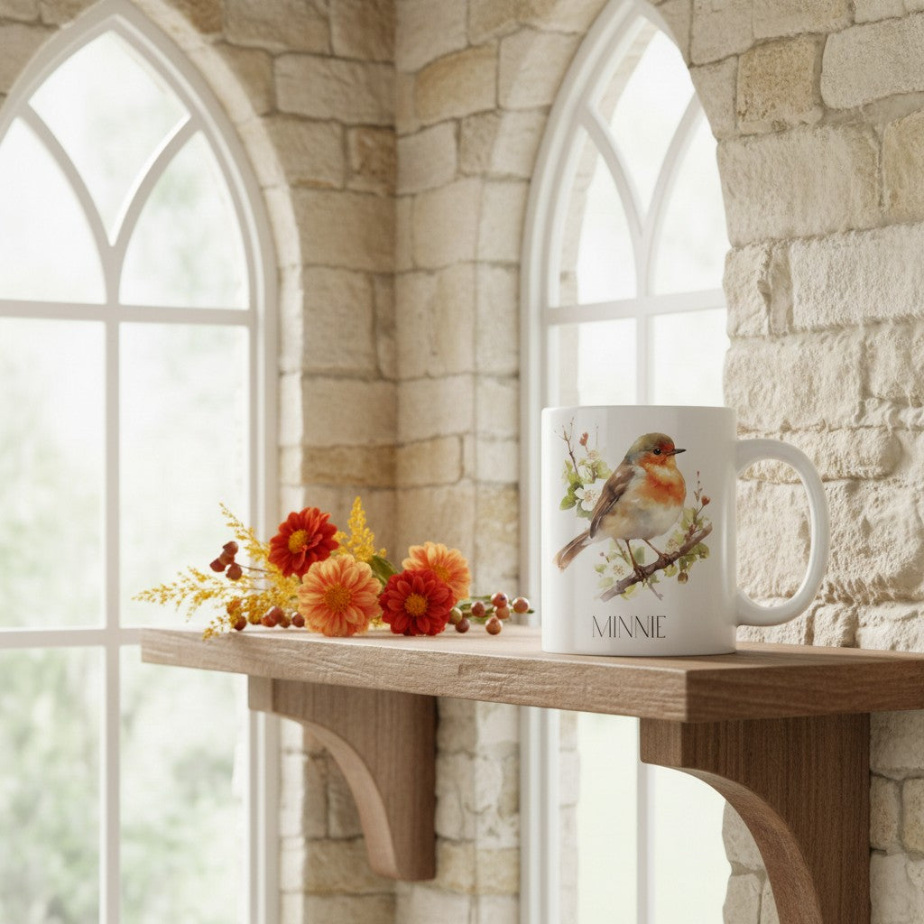 Mug with a bird design on a wooden shelf in front of stone walls and arched windows.