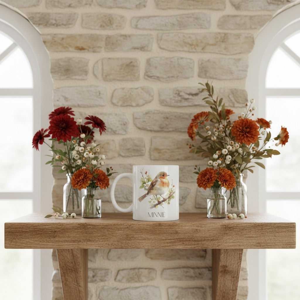Mug with floral robin design on a wooden table against a stone wall